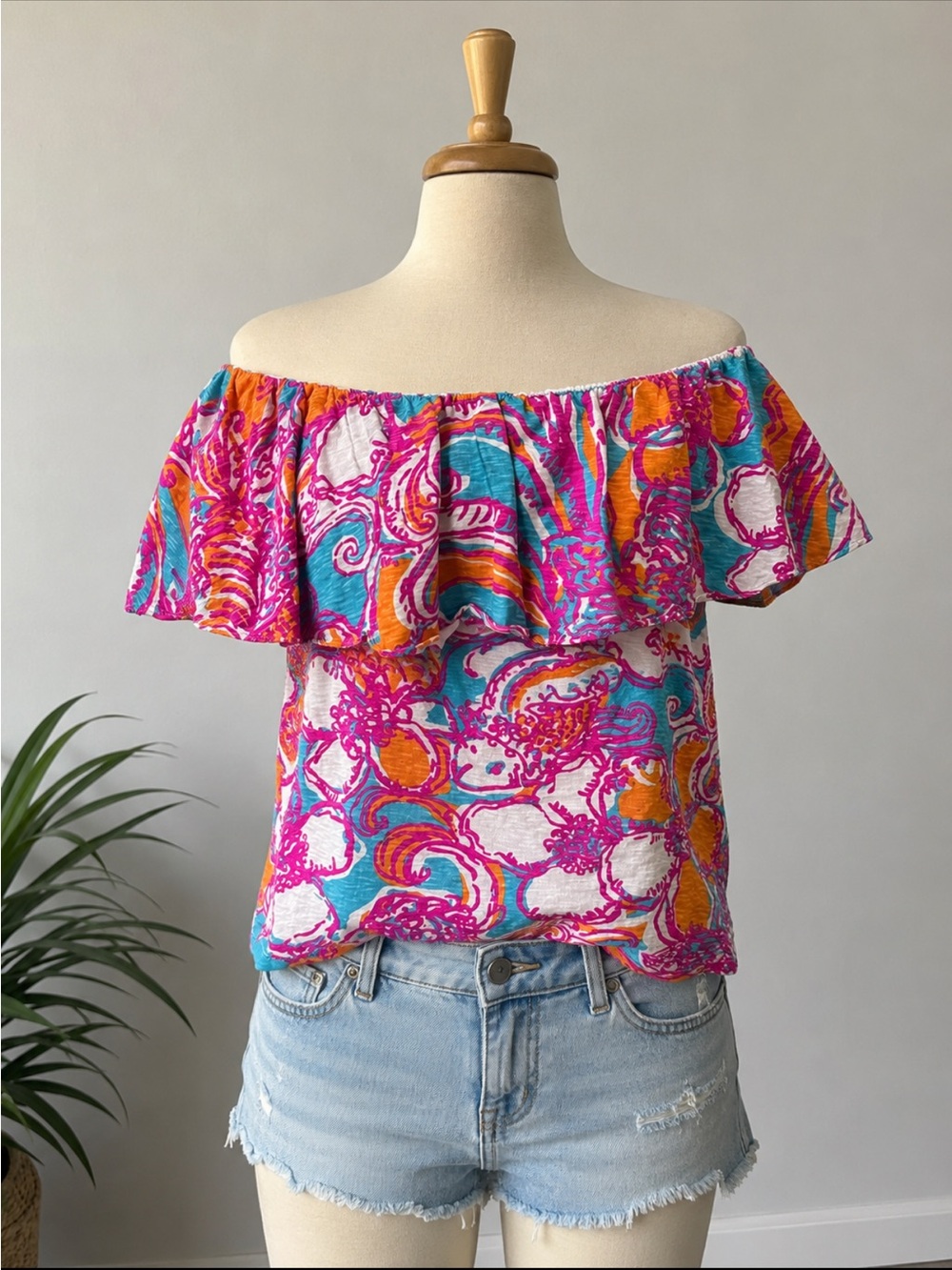 Lilly Pulitzer Off-Shoulder Ruffle Top in Pink, Turquoise & Orange
